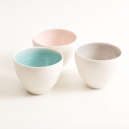 Linda Bloomfield handmade porcelain bowls - grey, pink and turquoise