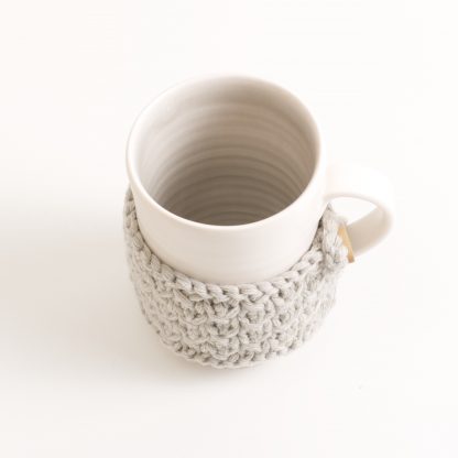 handmade porcelain- tableware-tea- hand knitted- cosy- mug cosy- winter warmer-grey