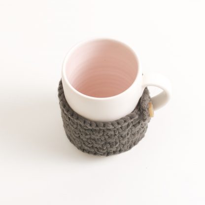 handmade porcelain- tableware-tea- hand knitted- cosy- mug cosy- winter warmer- pink- brown