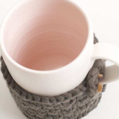 handmade porcelain- mug- tea- pink- knitted cosy- ruth cross- mug cosy