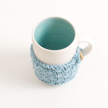 handmade porcelain- tableware-tea- hand knitted- cosy- mug cosy- winter warmer- turquoise