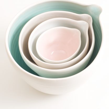 pouring bowl- handmade porcelain- tableware- cookware- dinnerware- turquoise pourer- dimpled porcelain- baking- mixing bowls- pink- blue-grey-turquoise