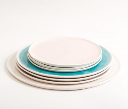 handmade porcelain- tableware- dinnerware- plate- dining- grey- pink- turquoise- white platter
