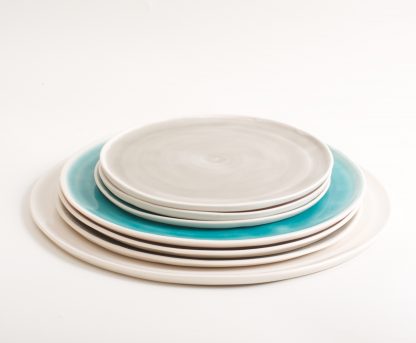 handmade porcelain- tableware- dinnerware- plate- dining- grey- turquoise- white platter