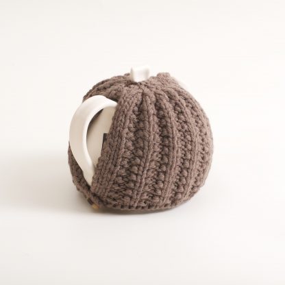 handmade porcelain- tableware- teapot- knitted cosy- tea cosy- ruth cross- brown