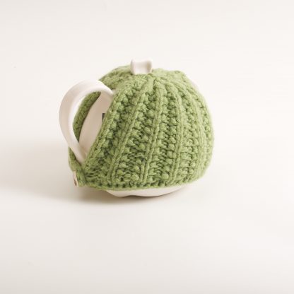 handmade porcelain- tableware- teapot- knitted cosy- tea cosy- ruth cross- green