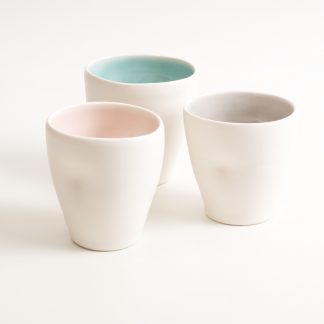 handmade porcelain- tableware- dinnerware- cup- dimpled cup- turquoise- grey- pink
