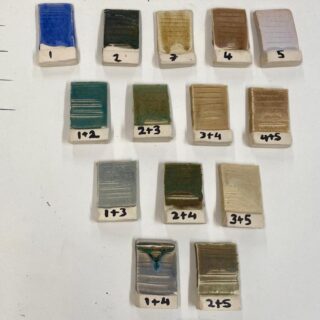 These are all dolomite matt glazes from the weekend glaze workshop @forestrowschoolofceramics . The last one is Lucie Rie’s matt glaze which she used with the addition of tin oxide to make a white matt. With tin and copper oxide it makes turquoise.
