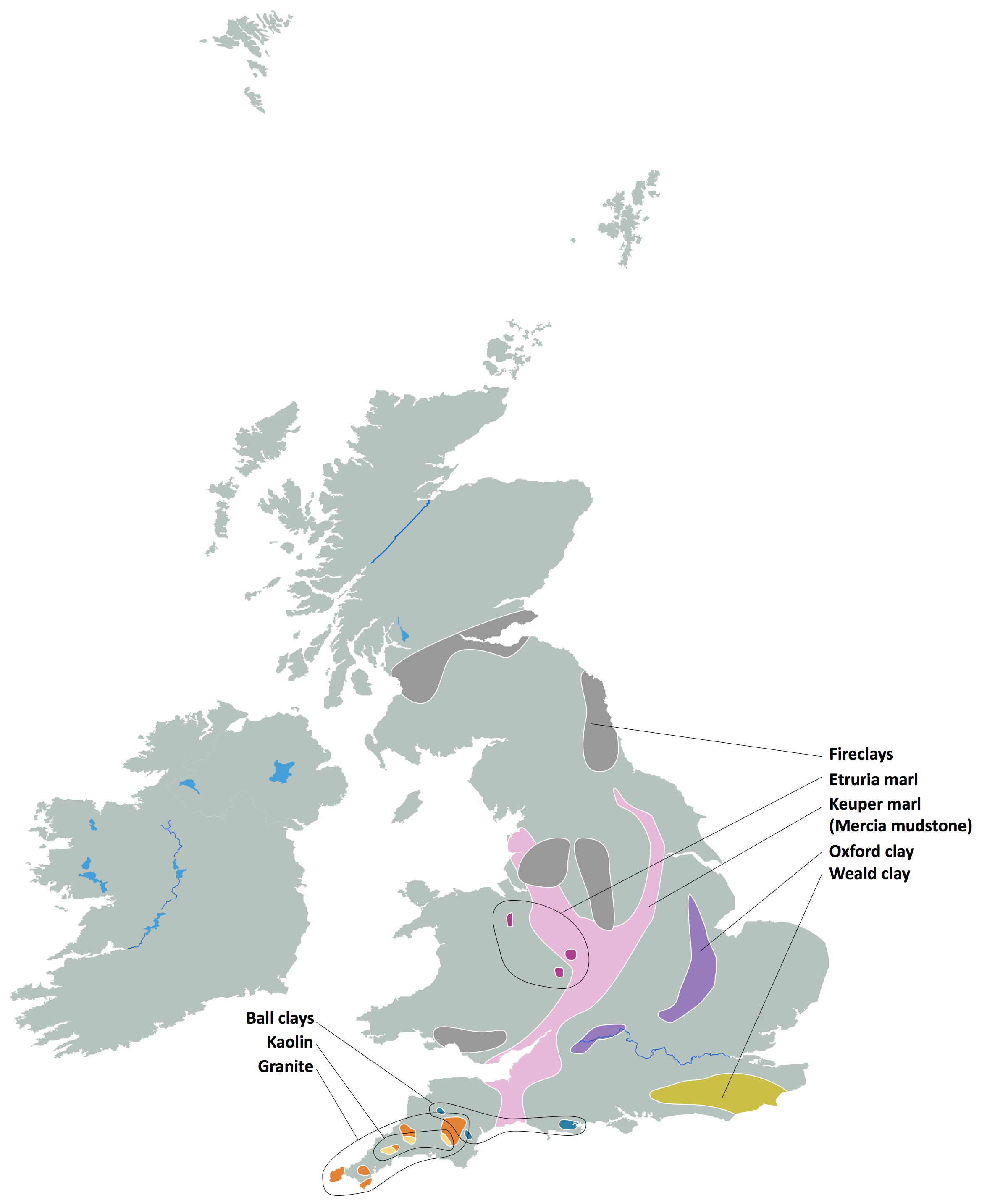 Map of clay deposits in UK