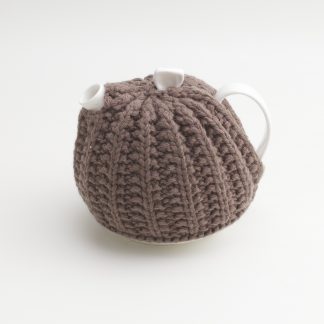 Bone China Teapot designed by Linda Bloomfield, with brown knitted cosy by Ruth Cross