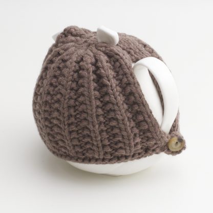 Bone China Teapot designed by Linda Bloomfield, with brown knitted cosy by Ruth Cross