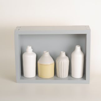 Hand thrown bottles, in white, grey and mustard, inspired by morandi paintings.