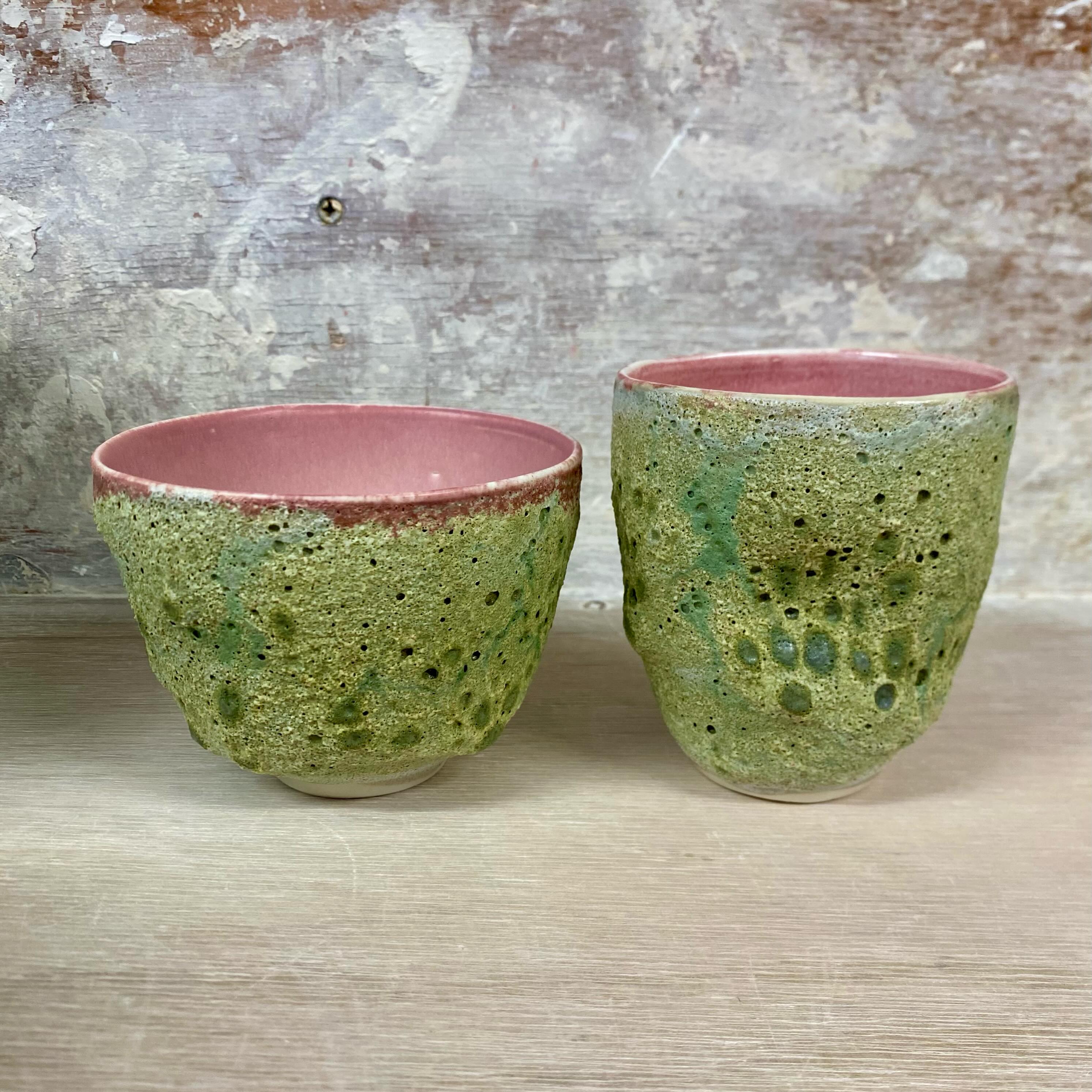 Experimental pink and green lava glazes. These have two different lava glazes layered on the outside and chrome-tin pink glazes on the inside.

I usually sell one-off pieces like these at my annual open studios in mid June but this year after 20 years exhibiting I am having a year off so that I can visit the other artists @artistsathome