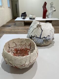 I was very happy to see this exhibition, Beneath the Skin by @anetaregel at @sarahmyerscoughgallery ; the final day is 15 August. 

Aneta Regel bravely pushes her materials to their limits; granite rocks imbedded in the clay start to burst and melt, porcelain slips crack and expose coloured glazes and clays beneath. The insides of the vessels are as exciting as the outsides. 

We included Aneta’s work in our book Material Matters An Artist’s Guide to Understanding Ceramic Materials.